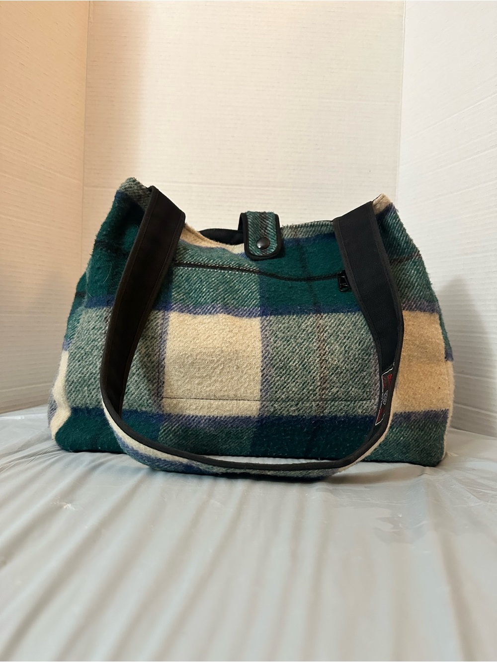 Plaid Wool Shoulder Bag in Green and Cream